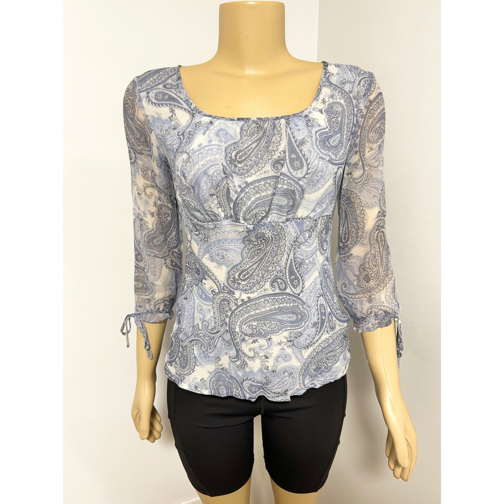 Allison Taylor Womens Small 100% Silk Paisley Blouse Blue 3/4 Tie Sleeve Top